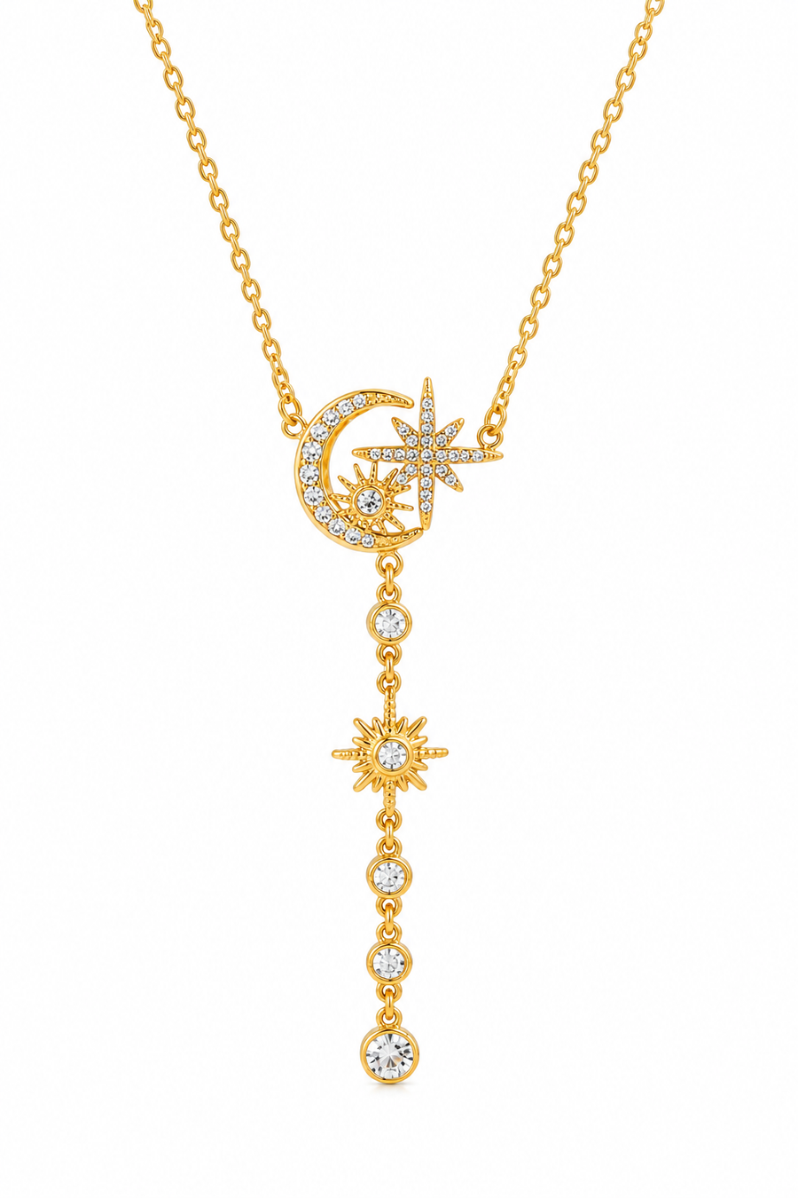 Conjunction Moon & Star Drop Necklace, 18k Gold Plated Steel