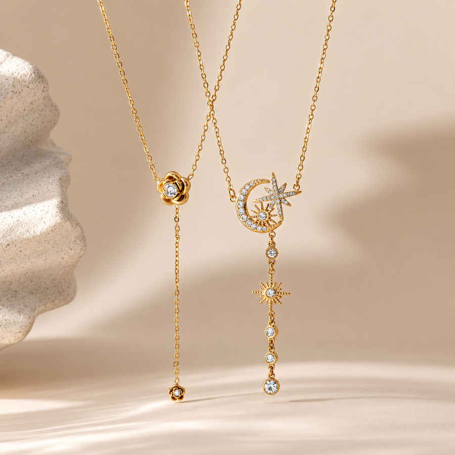 Damask Rose Drop Necklace, 18k Gold Plated Steel