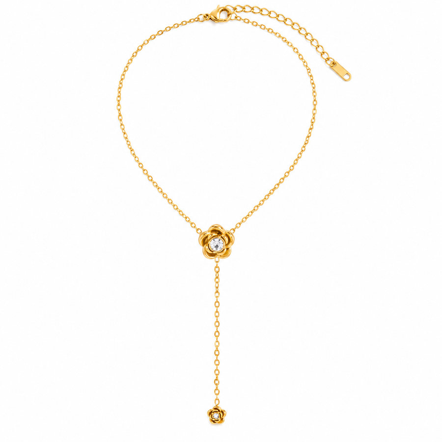 Damask Rose Drop Necklace, 18k Gold Plated Steel