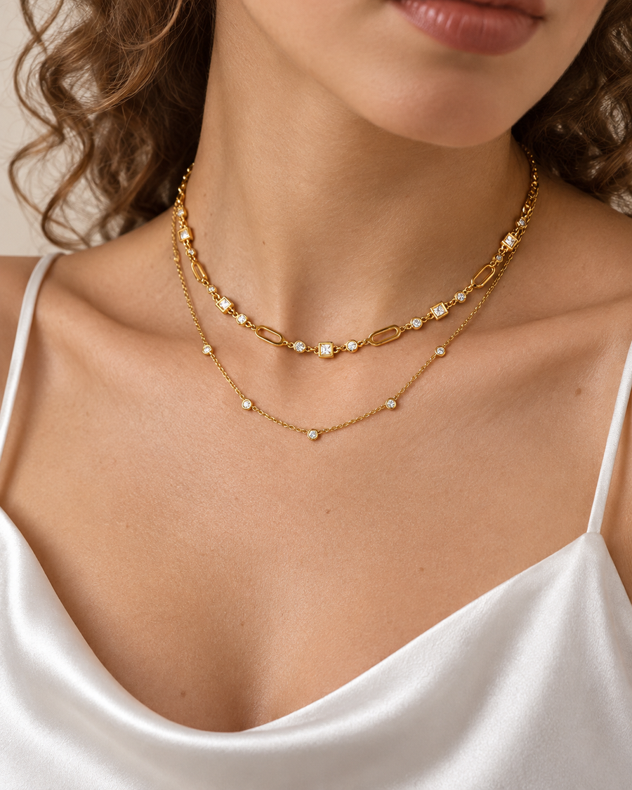 Frieze Stone Station Necklace, 18k Gold Plated Steel