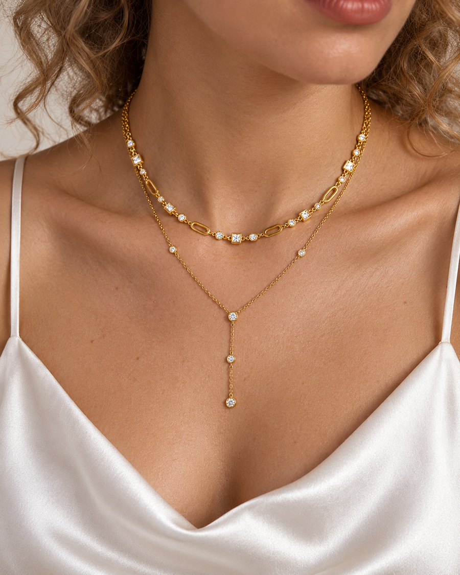 Frieze Stone Station Necklace, 18k Gold Plated Steel