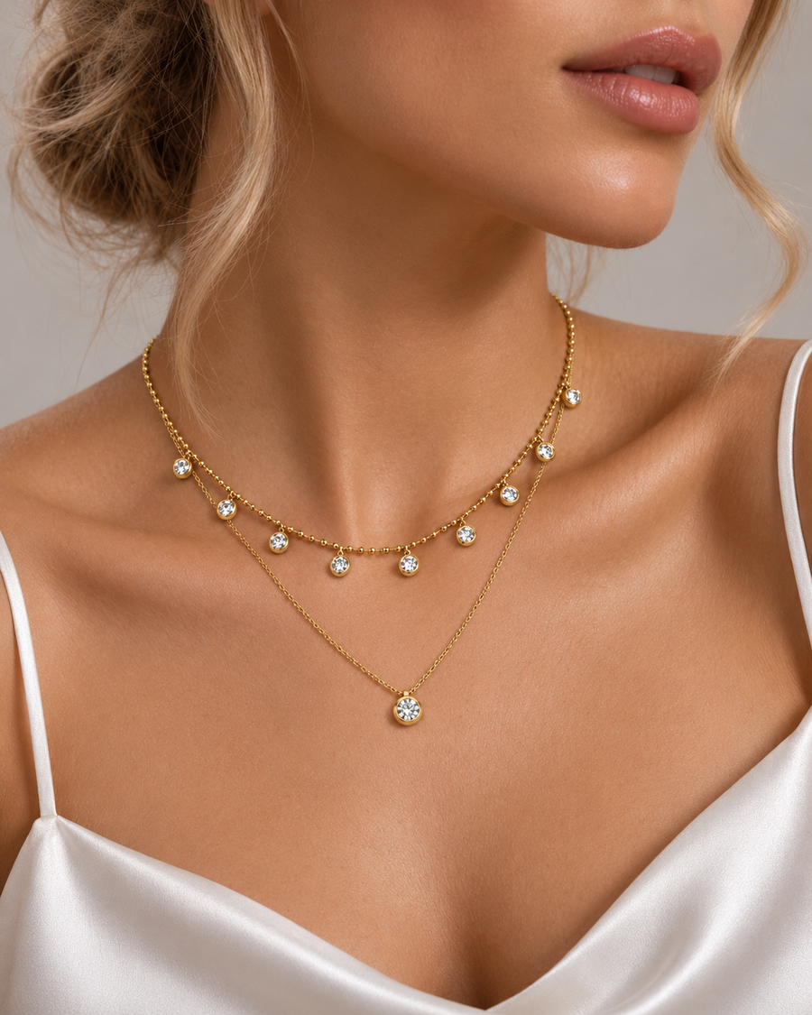 Festoon Beaded Drop Necklace, 18k Gold Plated Steel