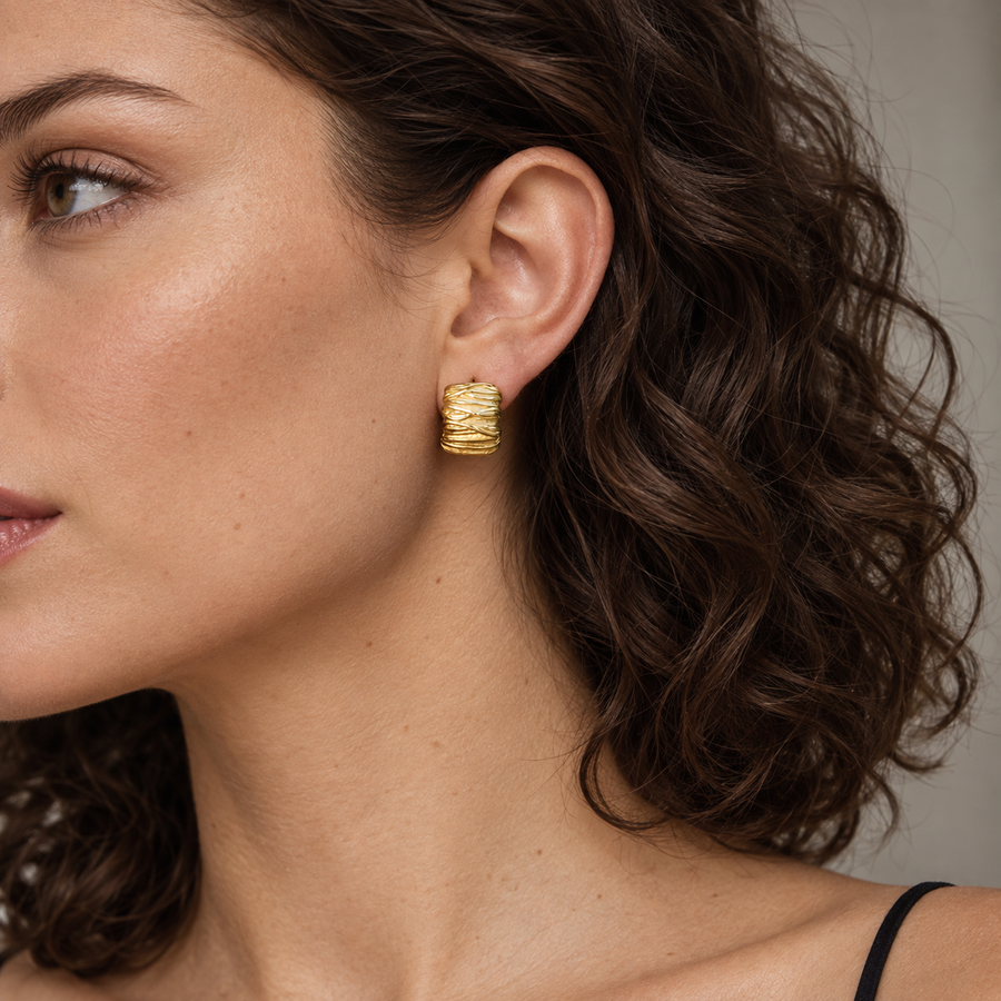 Skein Wrapped Hoop Earrings, 18k Gold Plated Steel