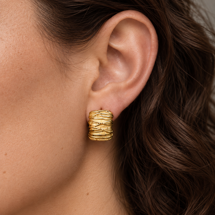 Skein Wrapped Hoop Earrings, 18k Gold Plated Steel
