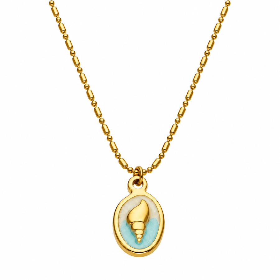 Oil painting pendant necklace on white, oval gold pendant with a cream shell on turquoise enamel