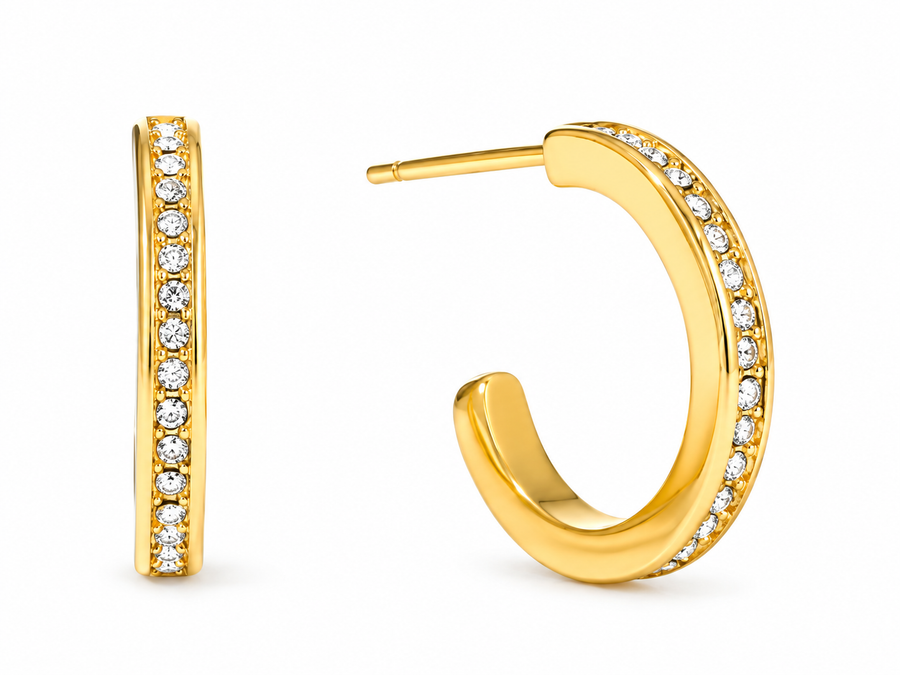 Piping Pavé Open Hoop Earrings, 18k Gold Plated Steel