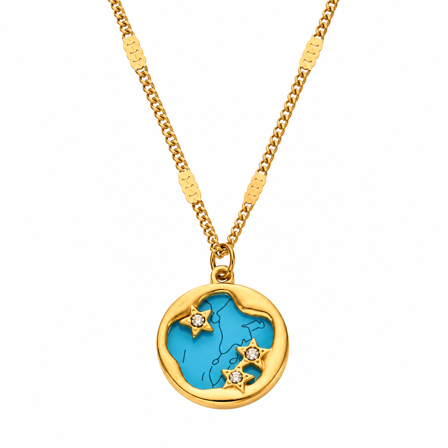 Constellation pendant necklace on white, round gold pendant with pave stars on turquoise enamel