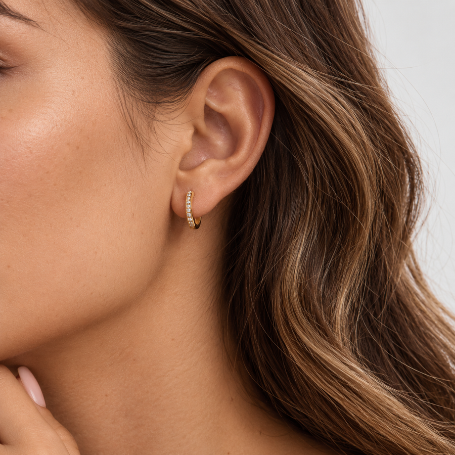 Piping Pavé Open Hoop Earrings, 18k Gold Plated Steel