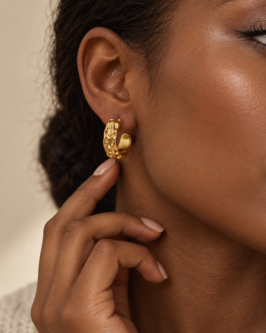 Basalt Textured Hoop Earrings, 18k Gold Plated Steel