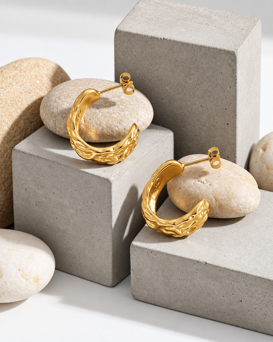 Basalt Textured Hoop Earrings, 18k Gold Plated Steel