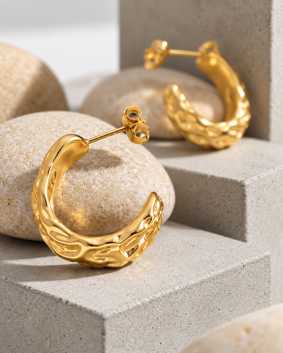 Basalt Textured Hoop Earrings, 18k Gold Plated Steel