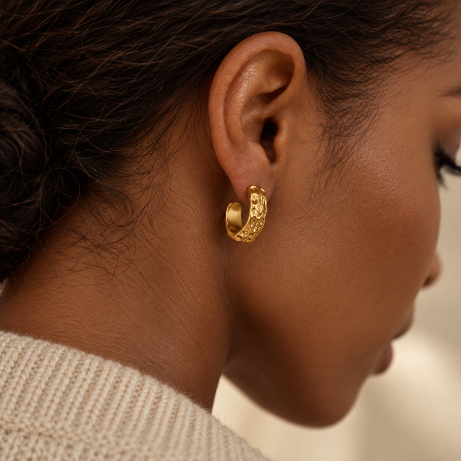 Basalt Textured Hoop Earrings, 18k Gold Plated Steel