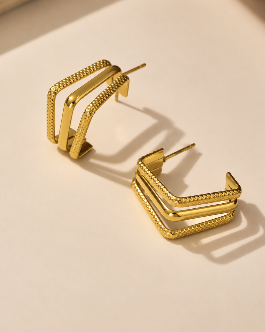 Milgrain Square Hoop Earrings, 18k Gold Plated Steel