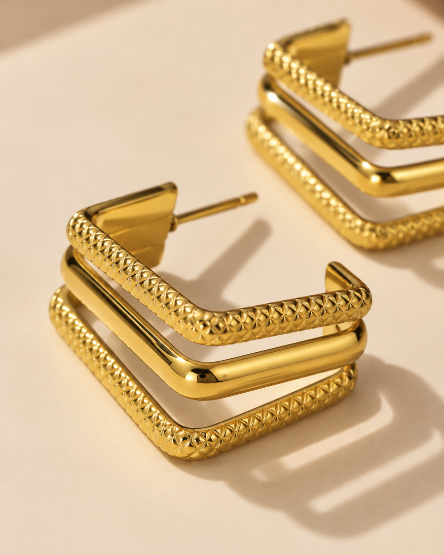 Milgrain Square Hoop Earrings, 18k Gold Plated Steel