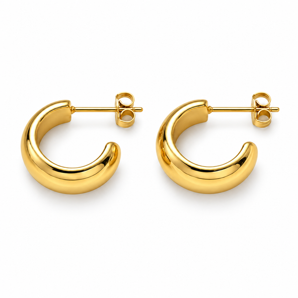 Cusp chunky hoop earrings on white — crescent-shaped 18k gold plated stainless steel hoop