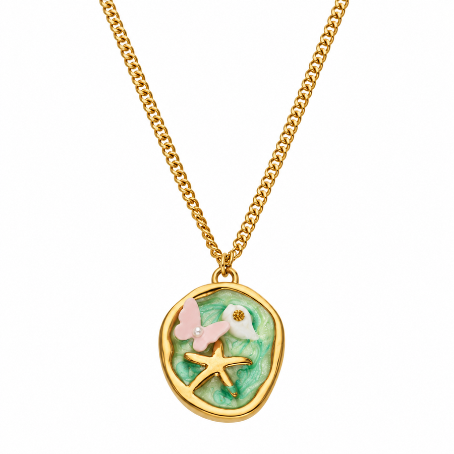 Painted miniature pendant necklace on white, gold starfish and pink shell on green enamel