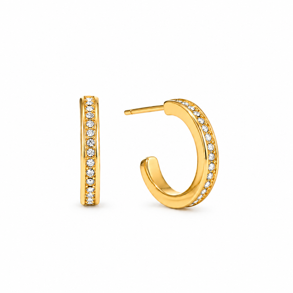 Piping pave open hoop earrings on white — open hoop with a delicate pave stone edge, 18k gold plated stainless steel