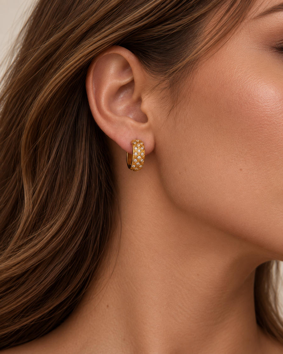 Coffer Pavé Huggie Earrings, 18k Gold Plated Steel
