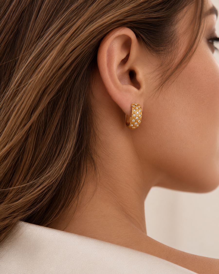 Coffer Pavé Huggie Earrings, 18k Gold Plated Steel