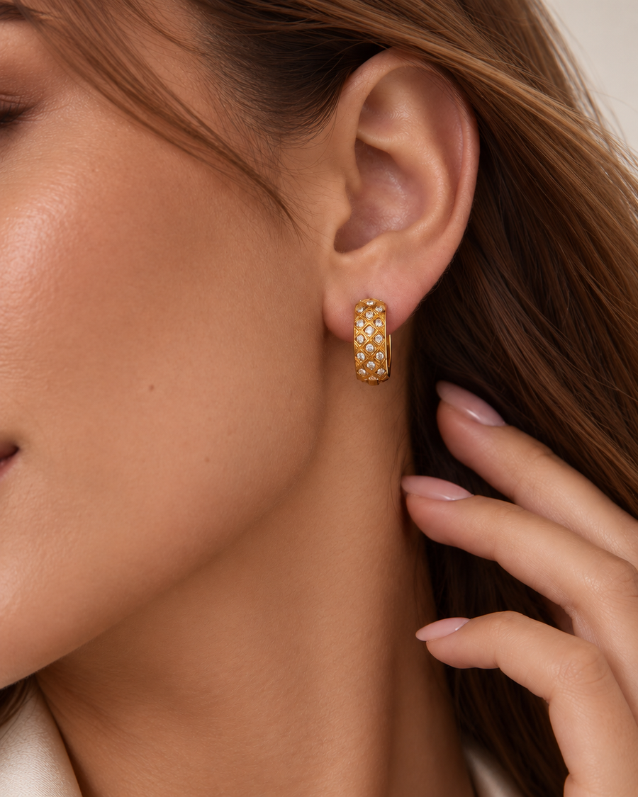 Coffer Pavé Huggie Earrings, 18k Gold Plated Steel