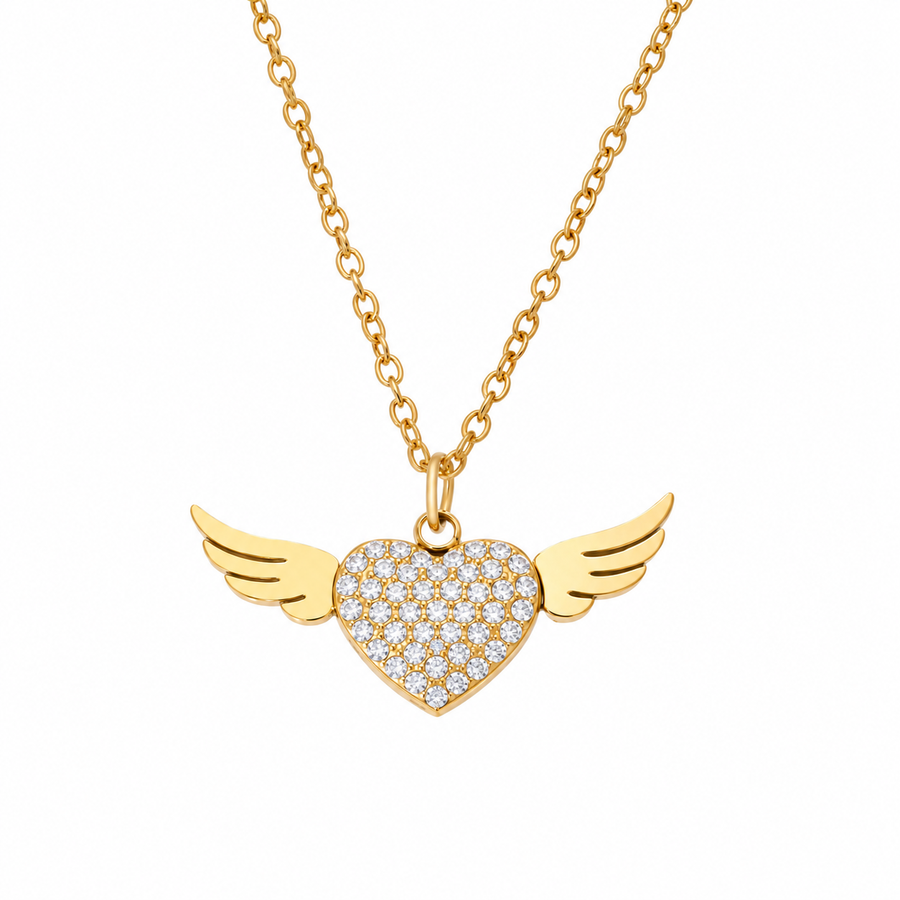Winged Heart Necklace, 18k Gold Plated Steel