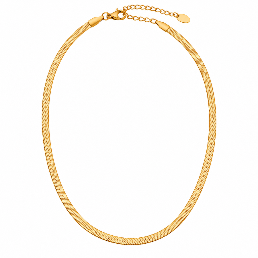 Herringbone chain necklace laid flat on white with lobster clasp, extender and tag