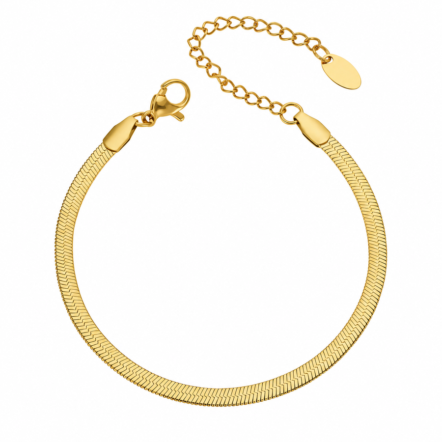 Herringbone chain bracelet laid flat on white with lobster clasp and extender