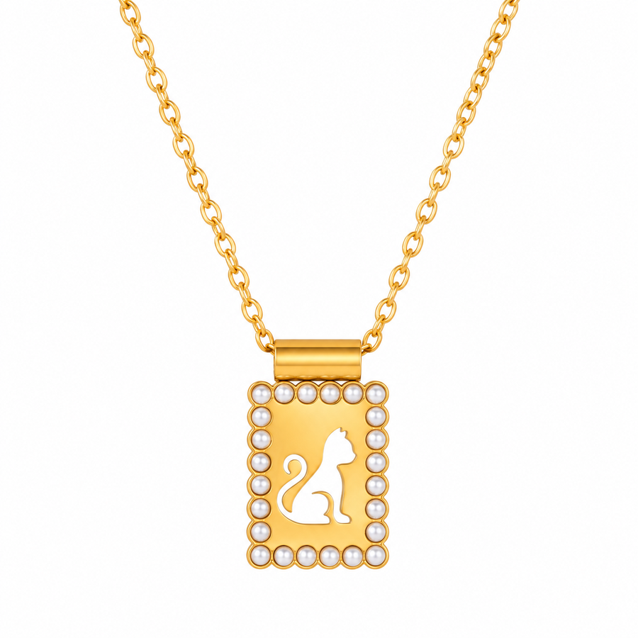 Silhouette Cat Tag Necklace, 18k Gold Plated Steel