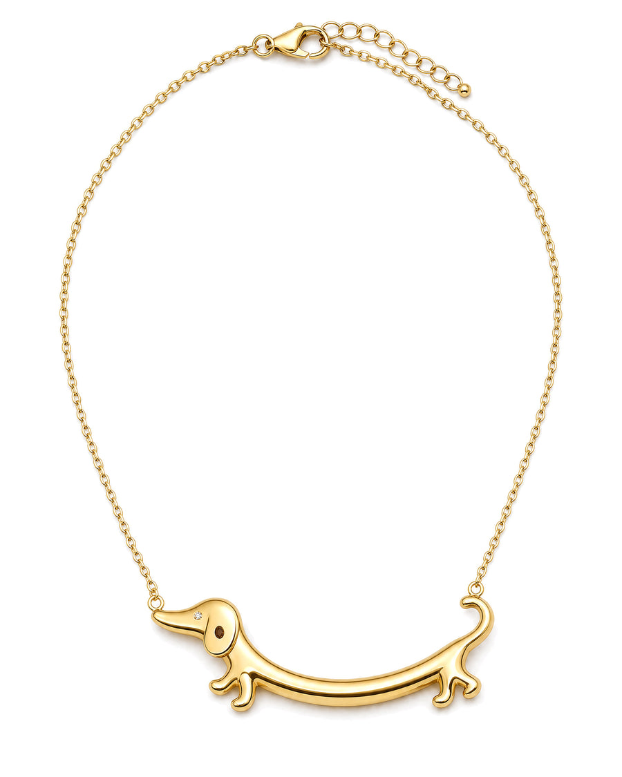 Dachshund bar necklace laid open flat on white, showing the full chain, clasp and extender