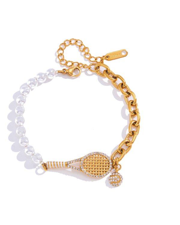 Pearl and chain tennis racquet bracelet on a pure white background