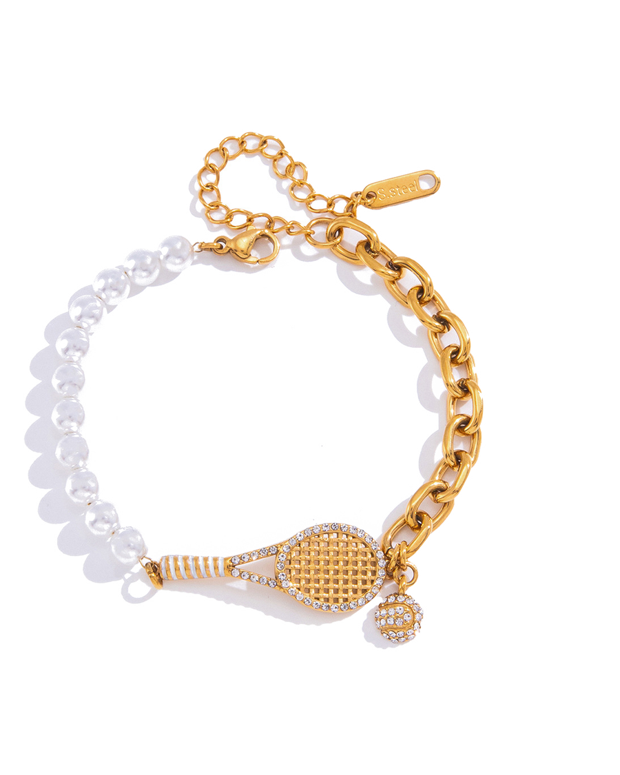 Pearl and chain tennis racquet bracelet on a pure white background