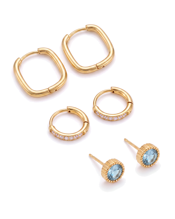 Trio Hoop and Stud Set - all six pieces laid flat on white: two plain gold hoops, two pave hoops, two aqua studs