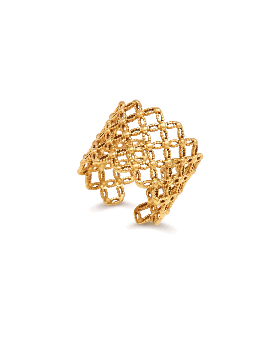 Trellis Ring at three-quarter angle showing the beaded lattice struts
