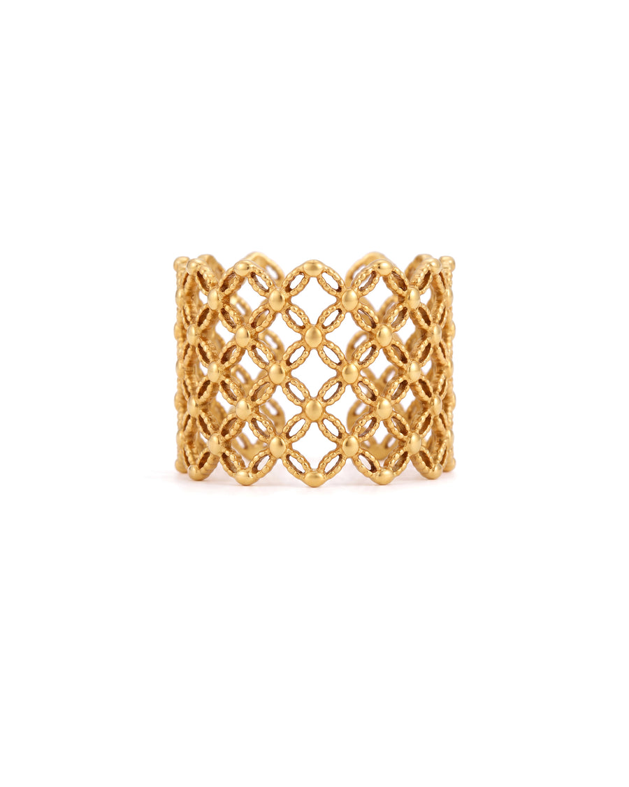 Trellis Ring, wide gold lattice band on pure white