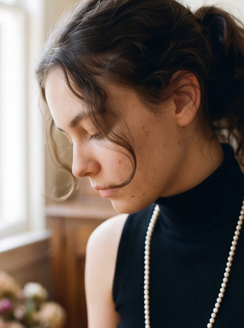 Long pearl sweater necklace with adjustable silver-plated clasp — detail
