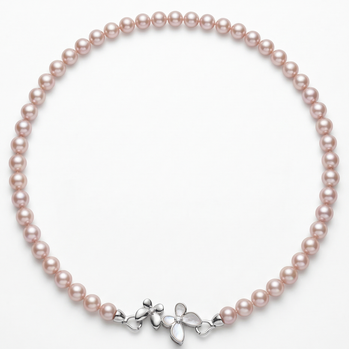 Lavender pearl necklace with gold-plated brass butterfly clasp detail