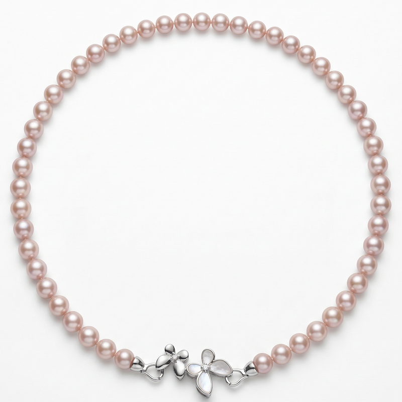 Lavender pearl necklace with gold-plated brass butterfly clasp detail