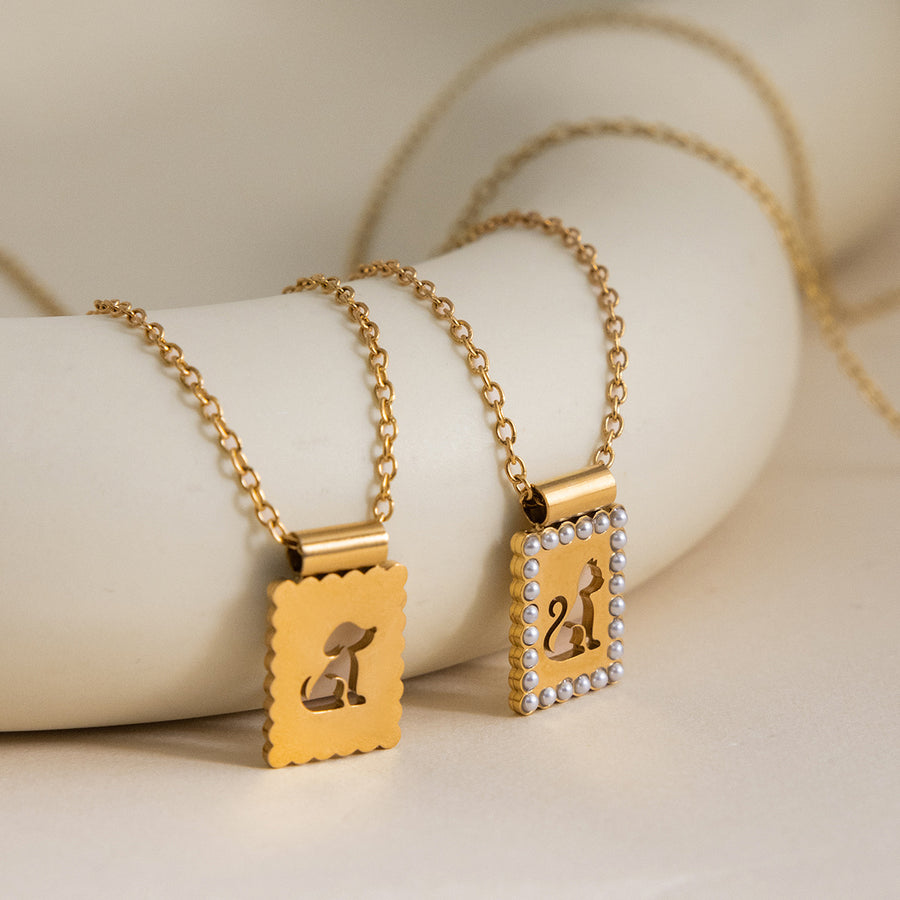 Silhouette Cat Tag Necklace, 18k Gold Plated Steel