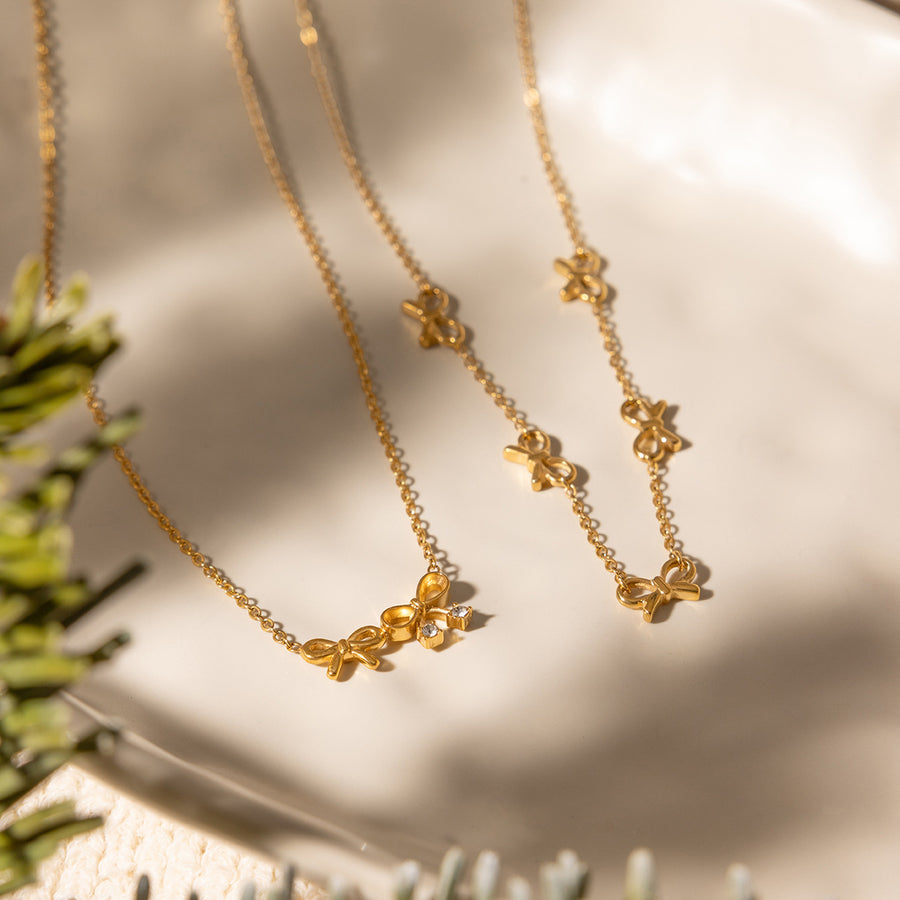 Grosgrain Bow Necklace Set, 18k Gold Plated Steel