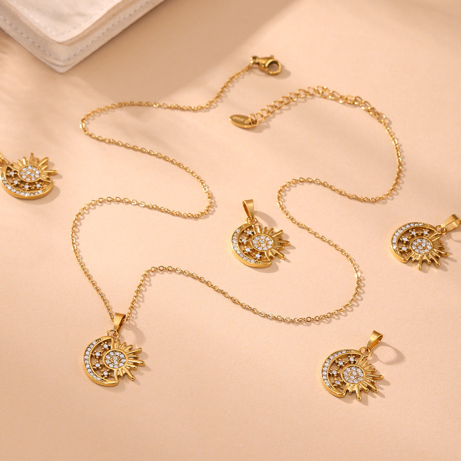 Sun & Moon Layering Necklace, 18k Gold Plated Steel