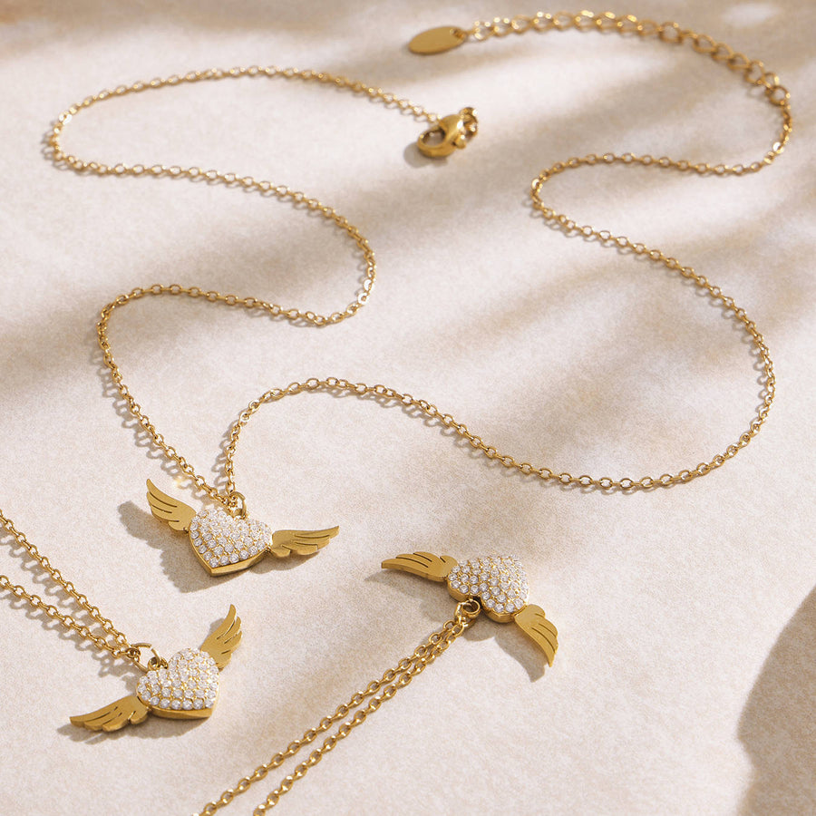 Winged Heart Necklace, 18k Gold Plated Steel