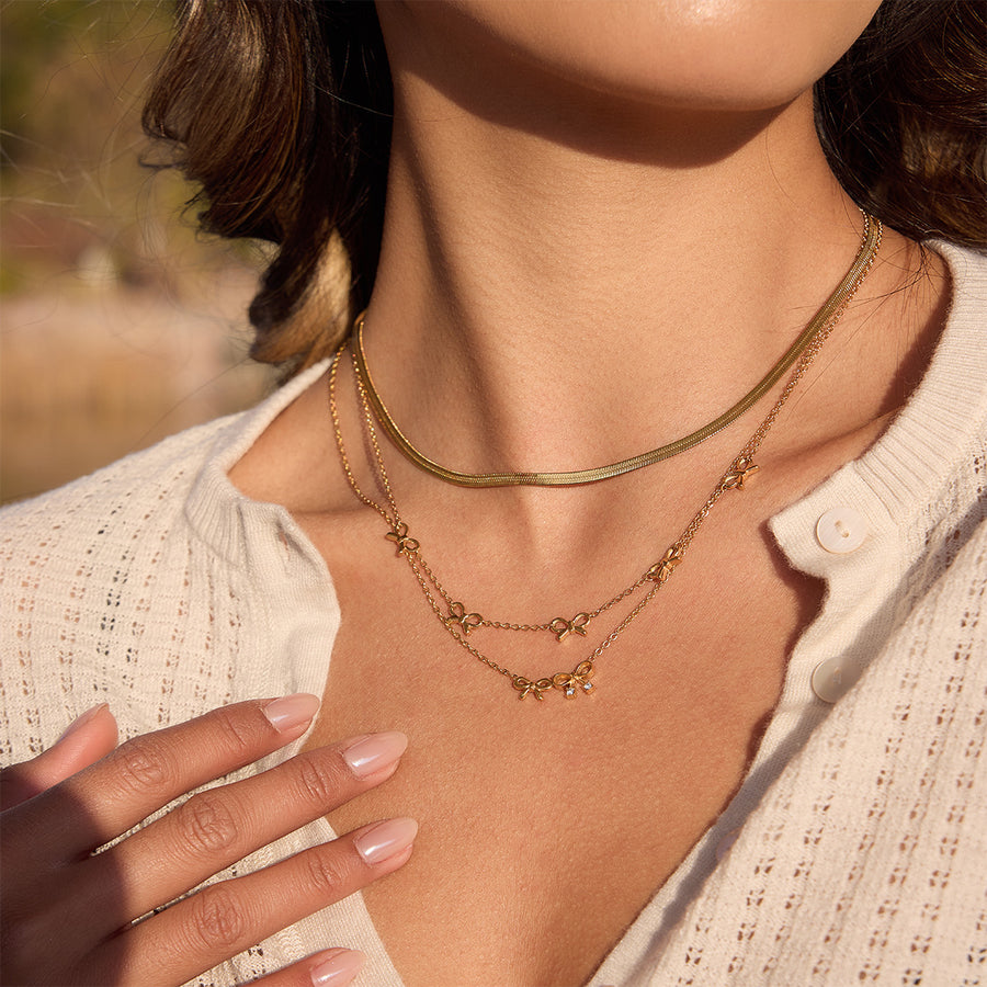 Grosgrain Bow Necklace Set, 18k Gold Plated Steel