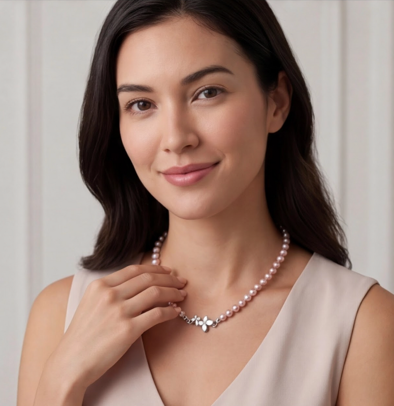 Rare lavender AAAA freshwater pearl necklace shown on model