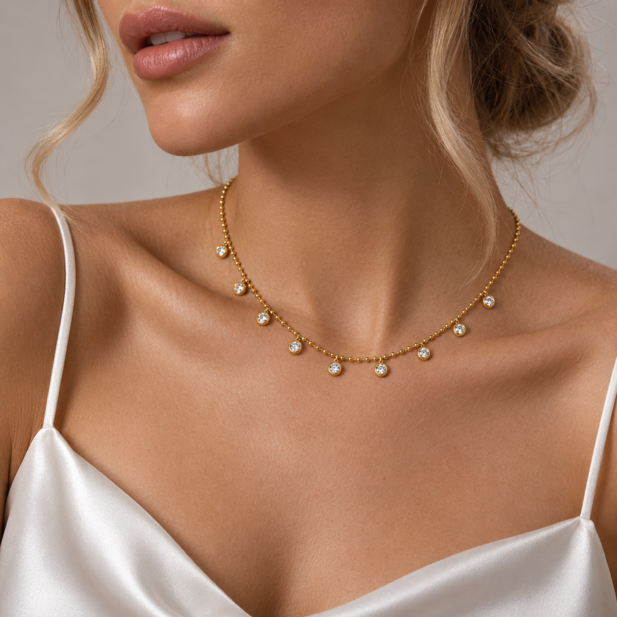 Festoon Beaded Drop Necklace, 18k Gold Plated Steel