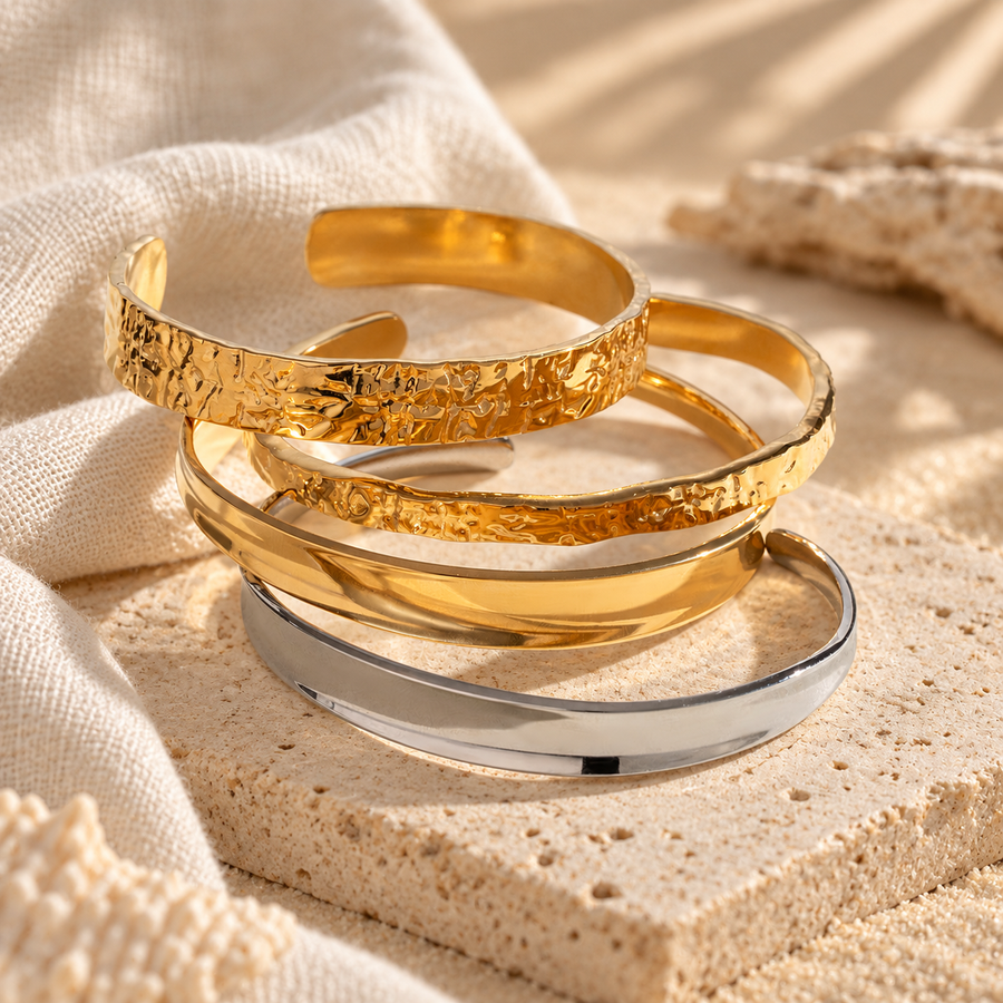 Riffle hammered open cuff bracelet in 18k gold plated stainless steel, textured hammered detail