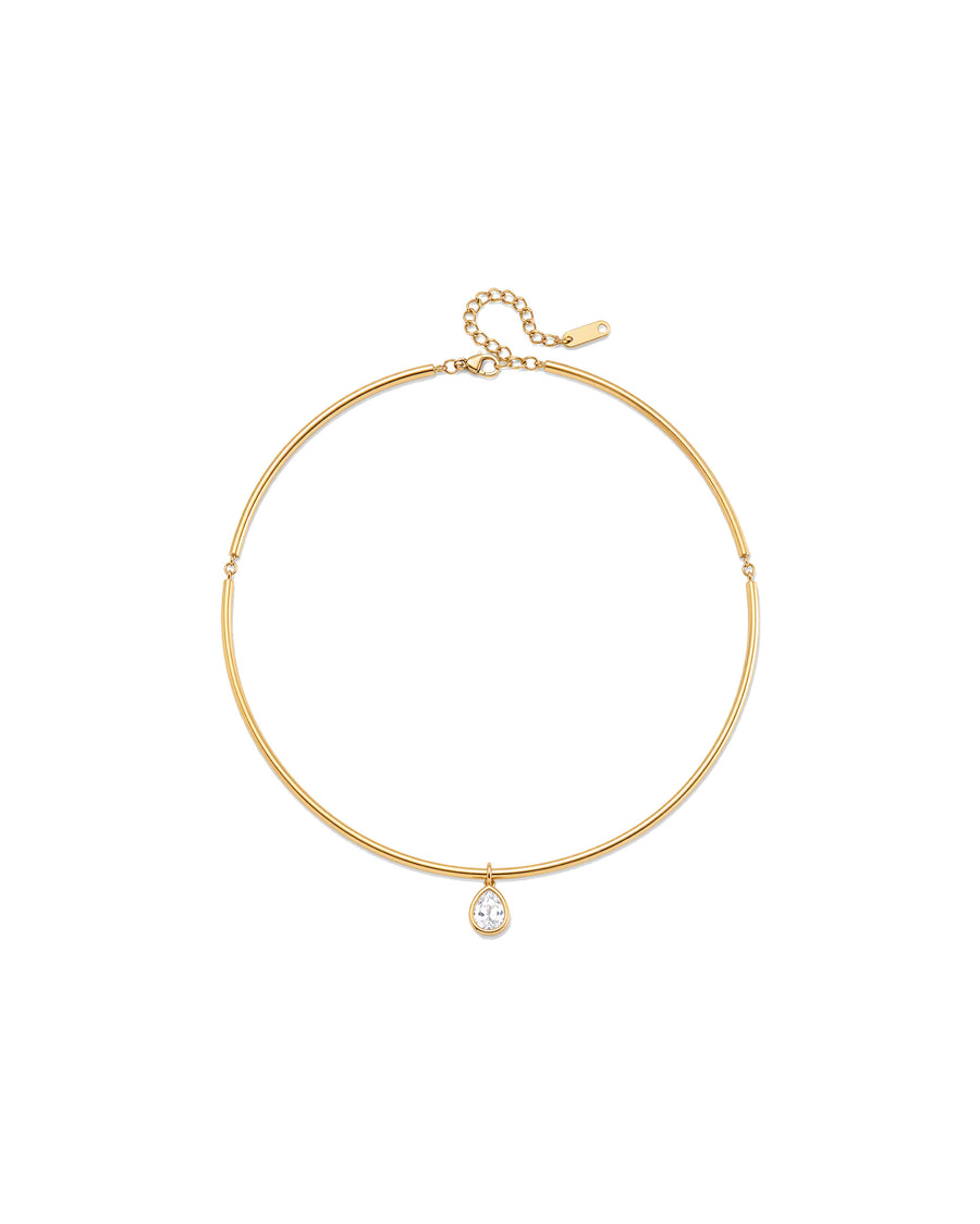 Teardrop Collar Necklace laid flat — 3 mm gold collar bar with a bezel-set pear drop