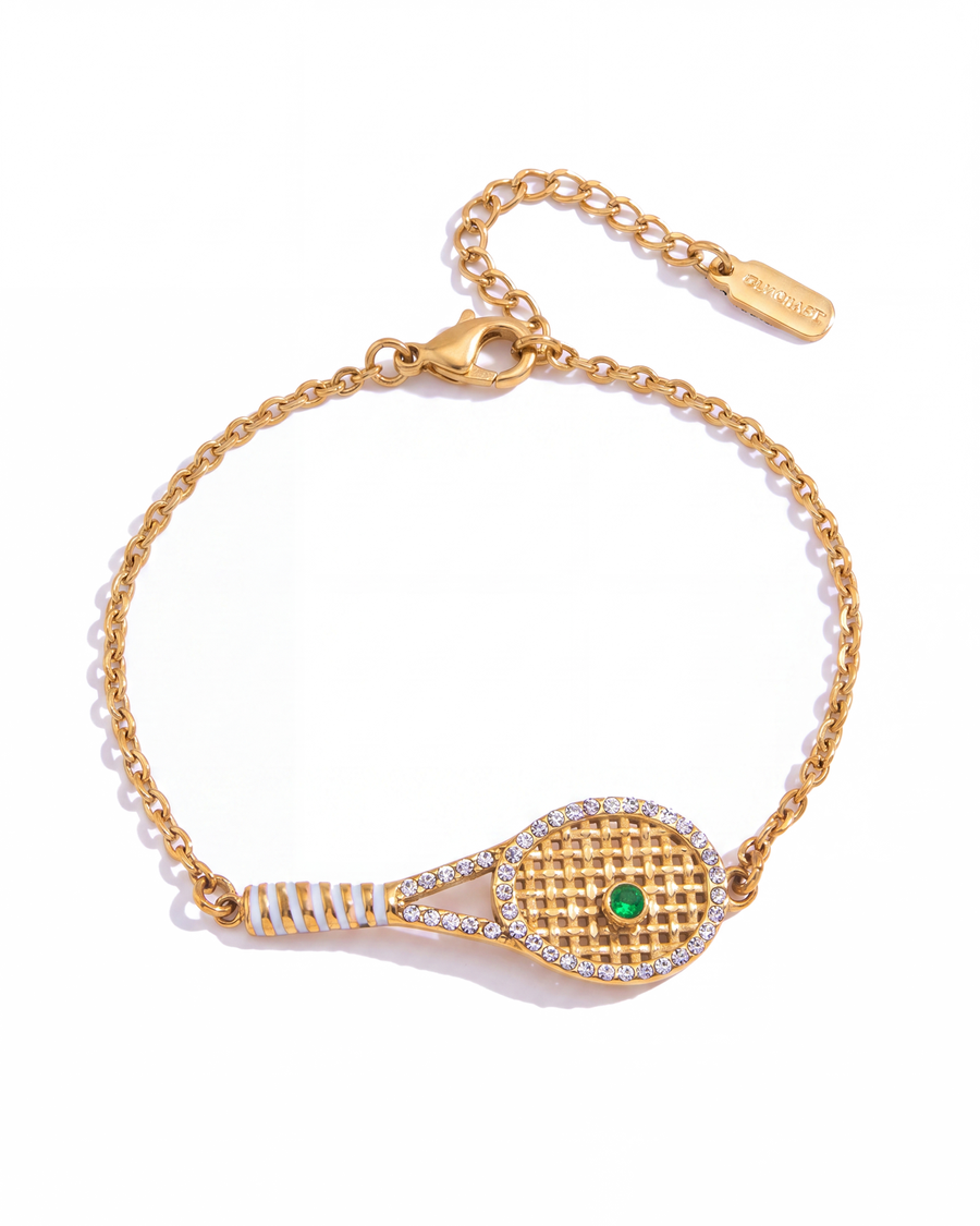 Green stone racquet bracelet on a pure white background