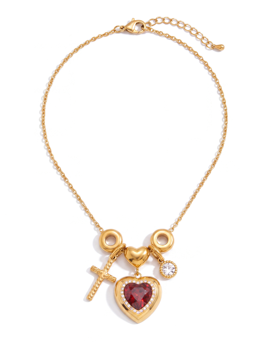Red Heart Charm Necklace laid open on white, showing the full chain, extender and charm cluster
