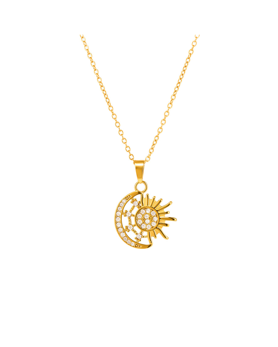 Sun and moon pendant necklace in 18k gold plated stainless steel on white