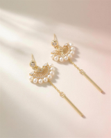 Freshwater pearl fan drop earrings, handcrafted in Ontario.